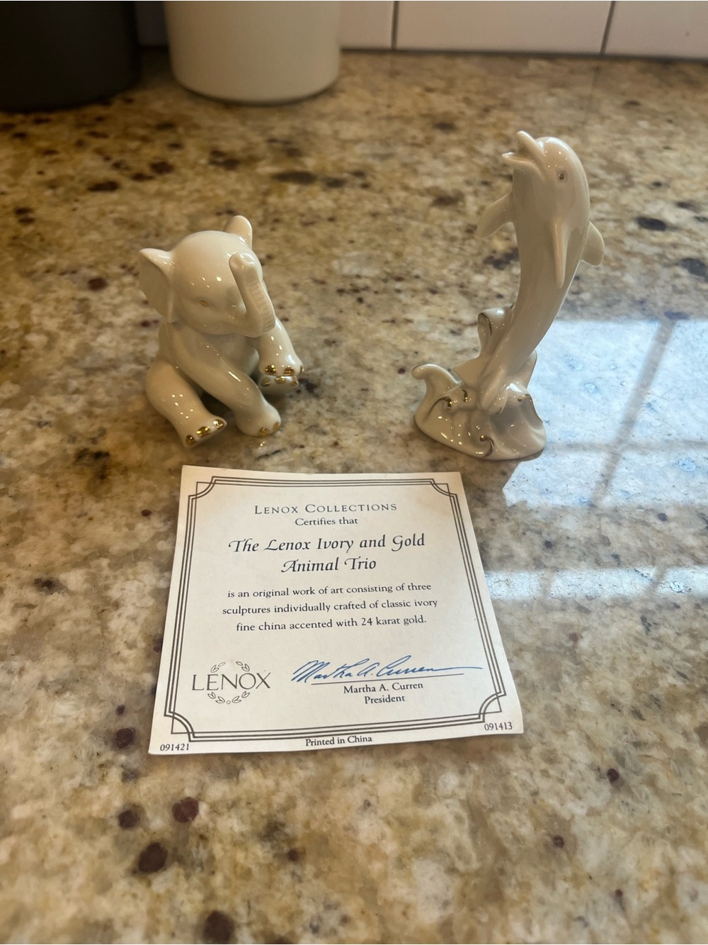 Vintage Lenox 24K Porcelain Elephant and Dolphin Figurines